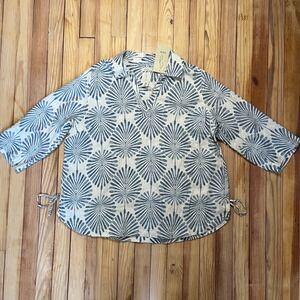 Joie 100% Linen Palm Leaf Print Tunic Top Shirt Womens 1X Blue White Lightweight